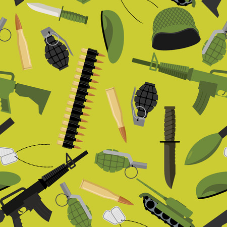 Military seamless pattern. Army background objects. Weapons and ammunition texture. Tank and automatic. Hand grenade and soldiers badge. Military protective helmet and green beret. Army knife and ammunition belt.のイラスト素材