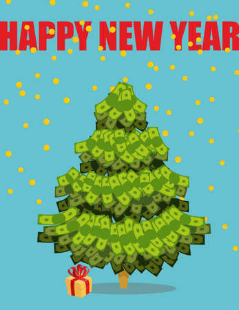Christmas tree out of money. Happy new year. Snowfall of coins. Dollars on  tree. Plant Wealth.のイラスト素材