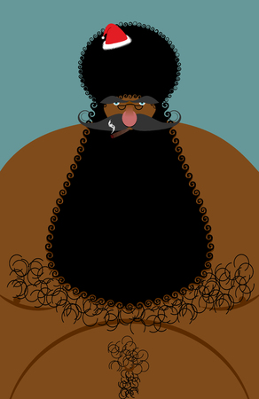 Santa Claus american african naked. Naked old Christmas character with a hairy chest. Large black beard and winter hat Afro man. Lol Congrats greeting card holiday.のイラスト素材