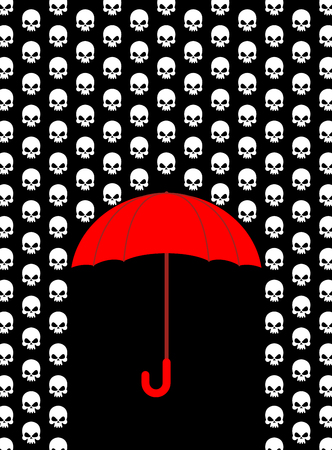 Rain of skulls. Umbrella protects from head of skeleton. Red umbrella on black background.のイラスト素材