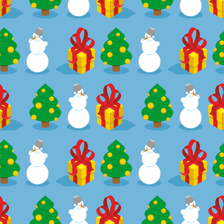 Christmas seamless pattern. Symbols of  winter holiday: Christmas tree, gift and snowman. Cute repeating ornament for new yearのイラスト素材