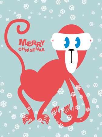 Happy Christmas. Red monkey symbol of new year. Cute primacy with long arms.のイラスト素材