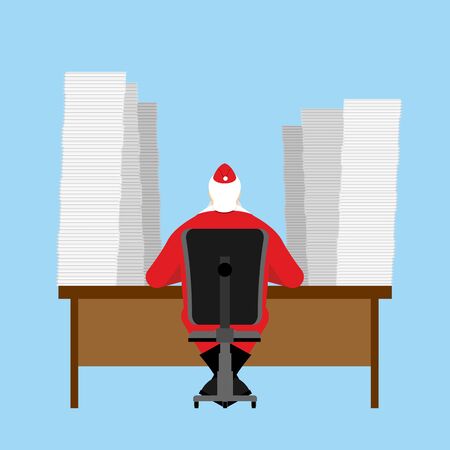 Santa Claus reads letter. Many  incoming correspondence from children. Big Pile of letters are on table. Christmas jobs before feast.のイラスト素材