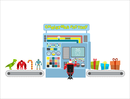Christmas factory. Automatic line for production of gifts. Guy Claus operator unattended machines. Machine packs toys for children in holiday boxes. Infographics concept production system for new year.のイラスト素材