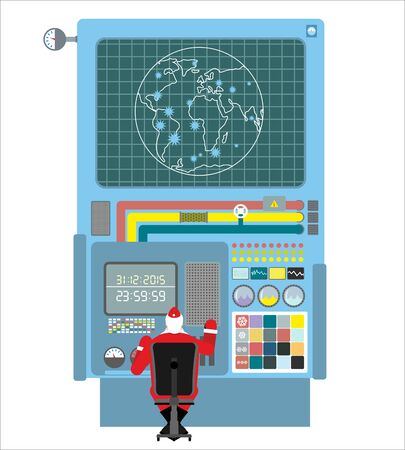 Production systems in new year. Control Panel with buttons and sensors. Buttons and screens. Wires and valves. Christmas delivery in world. Robotic System Center Santa Claus. Christmas machine factoryのイラスト素材