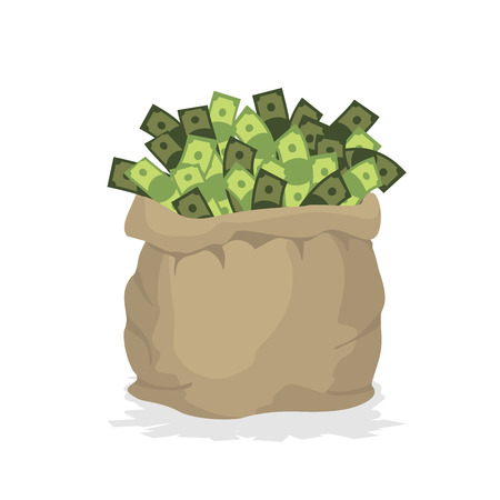 Bag money. Large burlap sack with cash. Dollars in bag. Wealth in  bag.のイラスト素材