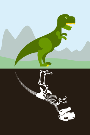 Tyrannosaurus in nature. Skeleton in ground soil. Jurassic monster and dice ancient Raptor.のイラスト素材
