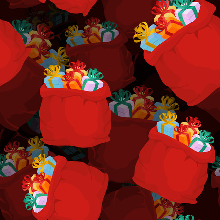 Santa bag of gifts seamless pattern. Festive red bag of volumetric background. Christmas ornament. Texture of gifts for Christmas and new year.のイラスト素材