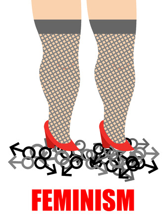 Feminism. Womens feet trampling men sign. Illustration for womens movement,  aim of which is to eliminate discrimination against women.のイラスト素材