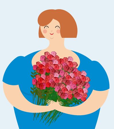 Cheerful kind woman with bouquet of roses. Exciting fat girl with flowers.のイラスト素材