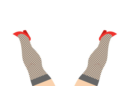 Legs in stockings prostitutes. Two feet of  woman. Red shoes on feet of girl whore.のイラスト素材