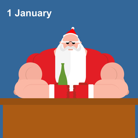 Brutal Santa Claus at bar. Strong grandfather with beer bottle. 1 January - rest Santa Claus after new year night. Christmas character with  bottle of alcohol.のイラスト素材