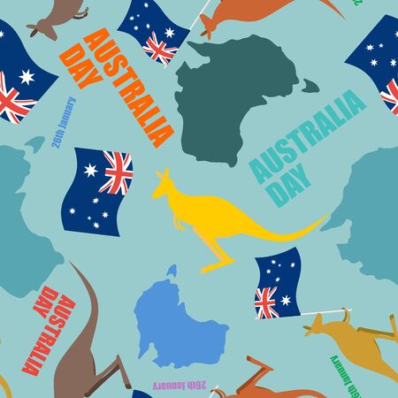 Australia day seamless pattern. Festivde backdrop for national holiday Australia. Patriotic ornament. Kangaroo and map of Australia. Flag of Australia. Texture for registration of designs for  holiday of country.のイラスト素材