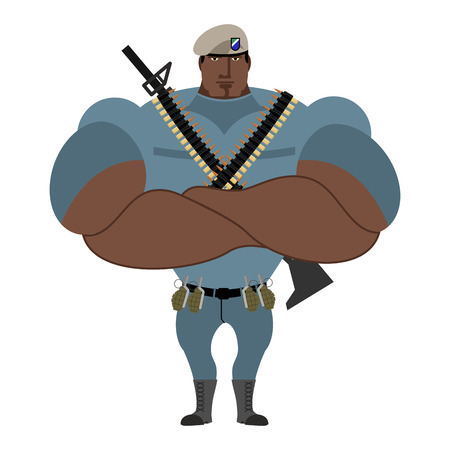 Military strong. Powerful big soldier. Beige beret special forces. Troopers with the military Accessories: bursting grenades and machine-gun belt. Gun automatically. Military Defender.のイラスト素材