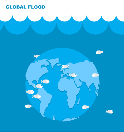 Flooding of planet Earth. World in water. Land under water. Ocean and fish. Lovely planet. Natural disaster. Cataclysm on Earth. Universal deluge.のイラスト素材