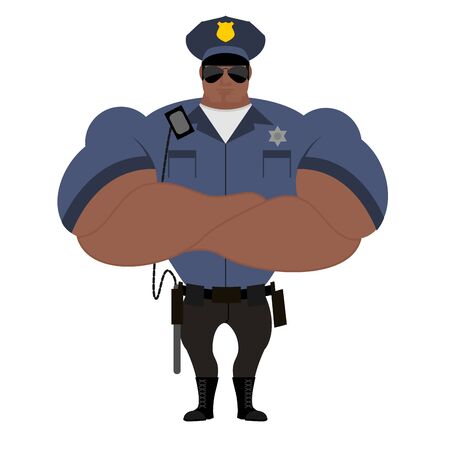 Police African American. Police officer in  performance. Strong guardian of law in blue uniform. Police badge and nightstick. Black strongman policeman.のイラスト素材