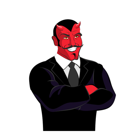 Devil in black business suit. Satan businessman. Red lucifer with mustache. Horned Demon laughs.のイラスト素材