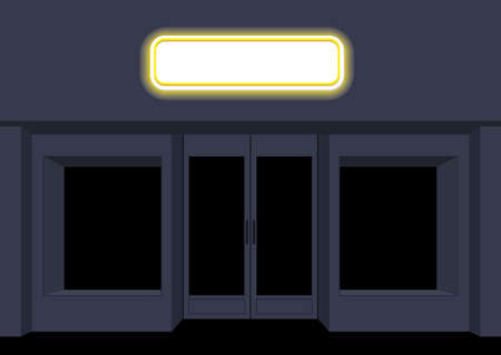 Night shop. Convenience store. Storefront at night. Empty black counters. Shining sign on facade of store.のイラスト素材