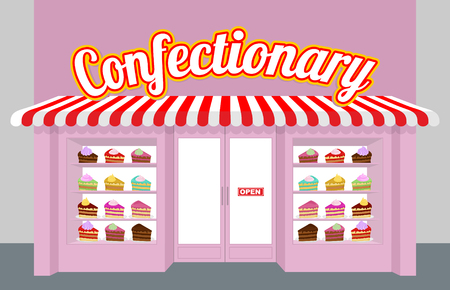 Confectionary. Storefront with cakes. Pieces of cake on a plate. Sweet dessert sold in store window. Pretty pink building shop of sweets.のイラスト素材