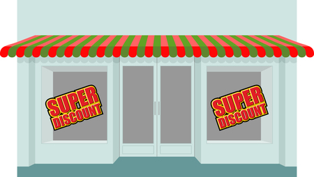 Super sale at store. Shop building with empty stalls. Storefront all sold. Empty shelves.のイラスト素材