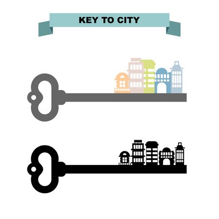 Key to sity. Vintage key and city buildings. Office skyscrapers and shops.のイラスト素材