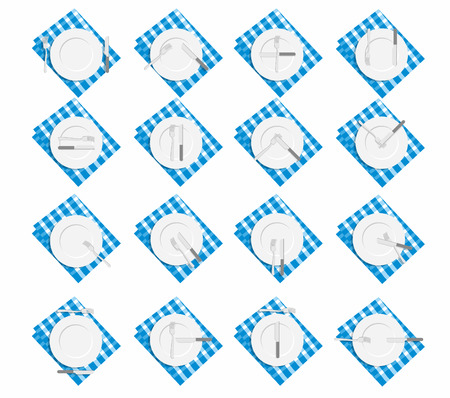 Restaurant etiquette Top view . Rules of conduct at  table while eating. An empty plate and fork. Dinner napkin. Rules table.のイラスト素材