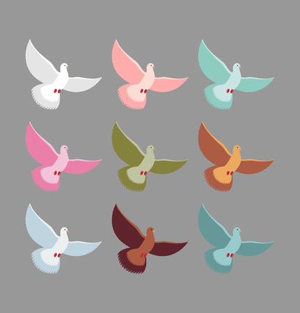 Color pigeons. Set of colorful flying birds. Dove Soars with wingspan.のイラスト素材