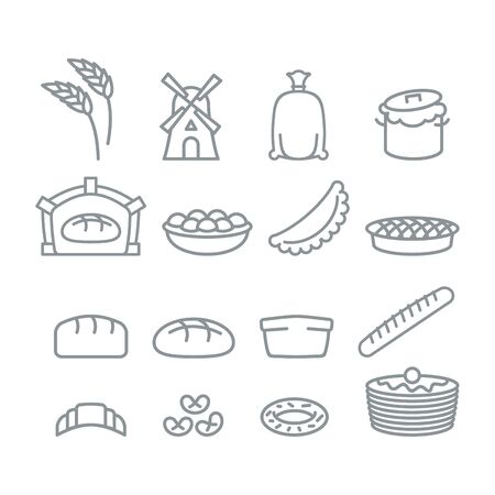 Bakery line icons. Bread and baguette. Food of dough. Pancakes and wheat ears. Production of bread and flour productsのイラスト素材