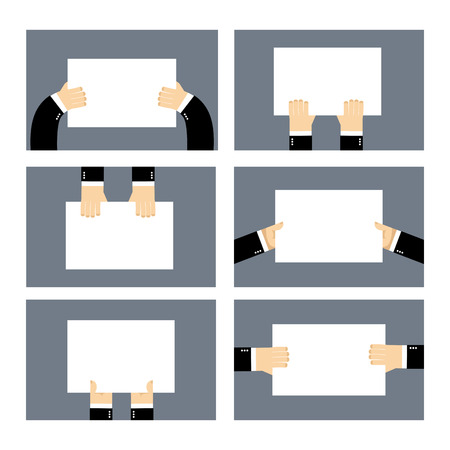 Set hands and white sheet Billboard. Blank paper in  hands of businessman. Man holds an empty plate. Business hands set of elements for your designのイラスト素材
