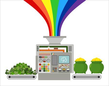Production of gold leprechaun. Automatic line for fabulous industry. Production of treasures for St. Patrick's day. Clover, trefoil in production machine. Rainbow Magic feature gold coins in potのイラスト素材