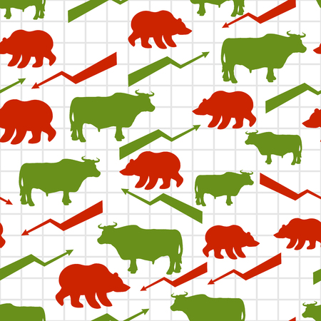 Bulls and bears seamless pattern. Exchange traders. Red up arrow. Green down arrow. Texture for business fabric. Grid business graph. Raising and lowering ratesのイラスト素材