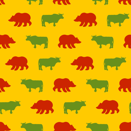 Bulls and bears seamless pattern. Green Red Bull and bear. Allegory of  background for Exchange. Traders in securities market. Texture of fabric businessのイラスト素材