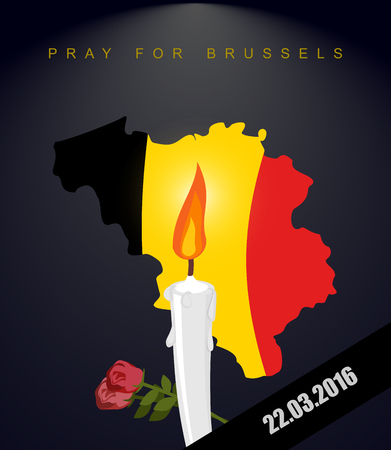 Pray for Brussels. Map Of Belgium. Flag Of Belgium. Mourning in Belgium. Terrorist attack in Belgium. Black mourning Ribbon. Explosion in Brussels March 22, 2016. White candle and flowersのイラスト素材