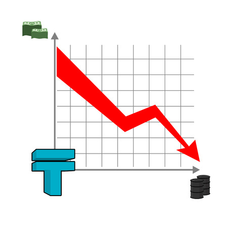 Kazakh tenge money falls. Fall of rate of tenge. Red down arrow. Reducing  cost of oil. Graph of fall of national currency in Kazakhstan. Barrels of oil. Schedule fall for business presentationsのイラスト素材