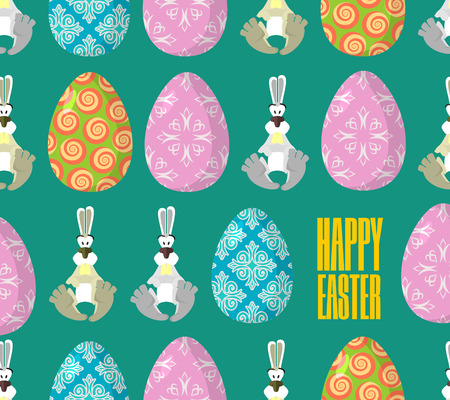 Happy Easter. Easter seamless pattern. Traditional eggs. Rabbit ornament. Festive background for Easter. Painted, decorated eggs. Hare for holidayのイラスト素材