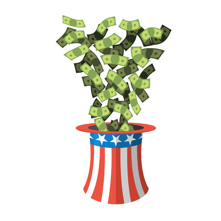 Uncle Sam hat and money. American hat. Hat for independence day. Cylinder Uncle Sam and dollars. Cash drop of hat. Uncle Sam hat on white background. National Patriotic hat in Americaのイラスト素材