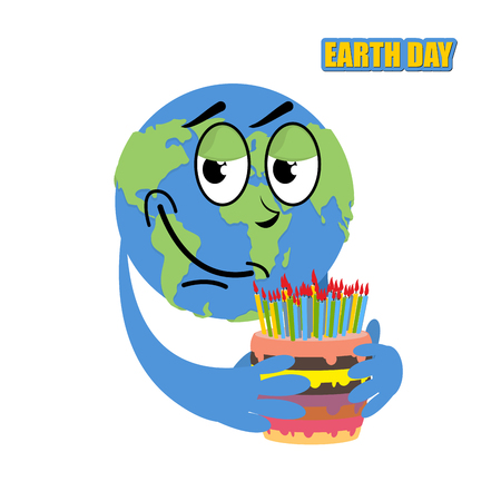 Earth Day. Planet earth and cake.  holiday big cake with candles. Birthday earth. Cheerful Globe. Cute globe. World mapのイラスト素材