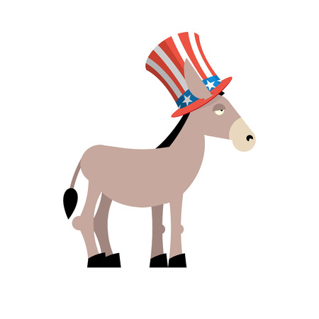 Donkey Democrat. Donkey in Uncle Sam hat. Symbol of political party in America. Political illustration for elections in America. National Patriotic hat in Americaのイラスト素材