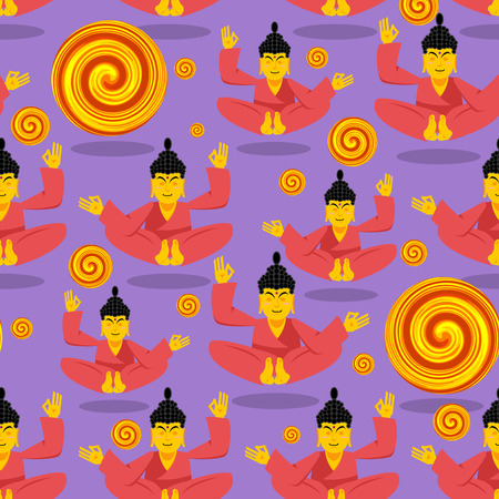 Buddha seamless pattern. Seated Buddha in lotus position. Indian god texture. Ornament Buddha and enlightenment. Buddha and hopper - an infinity signのイラスト素材