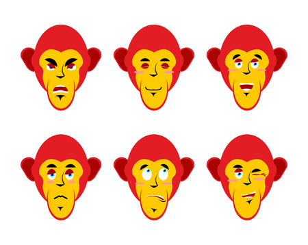 Set with emotions monkeys. Cheerful and angry monkey. Surprise and sadness chimpanzees. Sleepy monkey. Collection of emoticons primates. monkey head on white backgroundのイラスト素材
