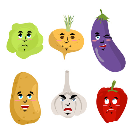 Set of vegetables with emotions. Cheesy Potatoes. Angry garlic. Surprised red pepper. Sad cabbage. Sleepy turnips. Collection of fruits with faces emoticons on white backgroundのイラスト素材