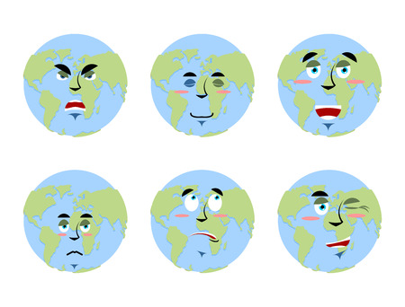 Earth emotions Set. Planet with cartoon face. Cheerful and angry globe. Surprise and sadness planet. Sleepy world. Collection of planet earth emoticons. Planet of solar system on white backgroundのイラスト素材