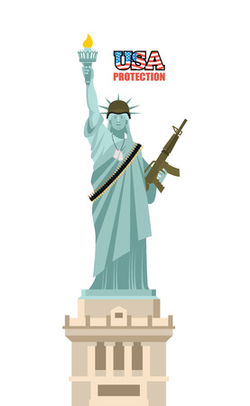 USA protection. Statue of Liberty with gun. Symbol of democracy and machine gun belts. Landmark American military helmet. famous sculpture in New York and soldiers badge. Patriotic military illustrationのイラスト素材