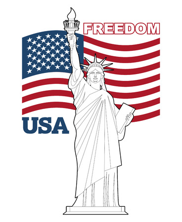 Statue of Liberty and American flag. Symbol of freedom and democracy. Monument of architecture in New York. Patriotic illustration for Independence Day. National Landmark USAのイラスト素材