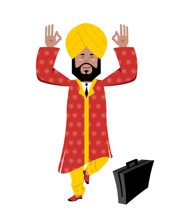 Hindu meditating. Indian businessman in turban standing on one leg. Man from India in turban and national yoga suit. Indian business Yogiのイラスト素材