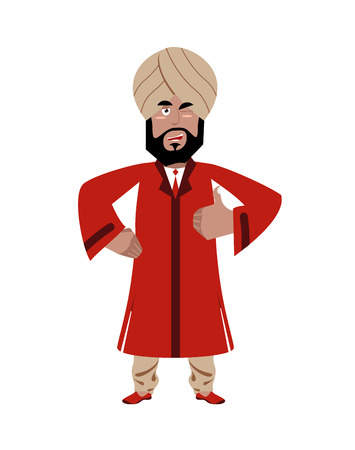 Indian businessman shows well. Indians with beard. Sign all right. Thumbs up. Hand showing ok. Gesture of hand. Man from India in national dress and turbanのイラスト素材