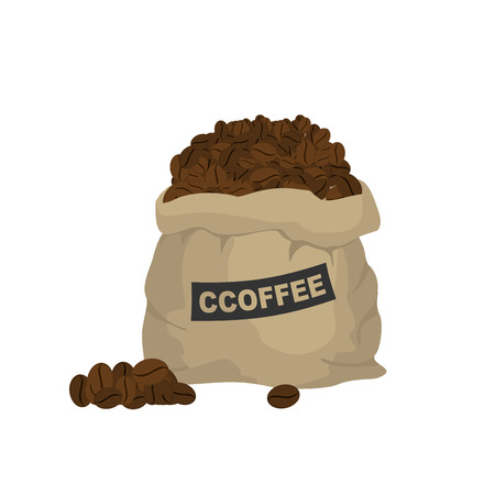 Bag with coffee. Large cloth bag full of coffee beans. Seeds of tropical plant, coffee treeのイラスト素材