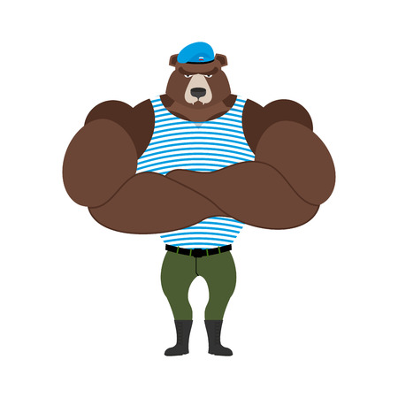 Russian soldiers bear in blue beret. Airborne Airborne paratroopers. Strong military athlete. Serious animal in striped vest. Powerful Russian beastのイラスト素材
