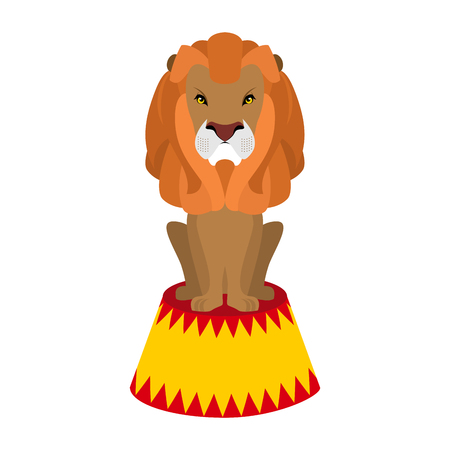 Circus lion. Wild cruel animal sitting on pedestal. Big Serious beast. Predator with shaggy mane on circus standのイラスト素材