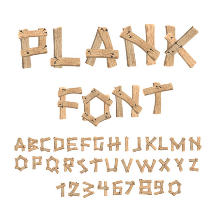 Plank font. Wooden table alphabet. Old boards with nails ABC. letters put together from vintage wood. Country font timbered texturedのイラスト素材